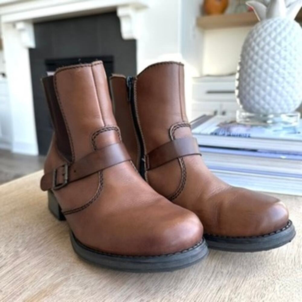 Rieker Ankle Boots Brown Leather Side Zipper Strap Detail Size‎ 36 Classic Biker
